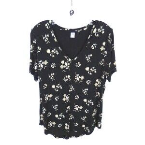 Old Navy Luxe Women's V-Neckline Black Floral Print Short Sleeve Top Large